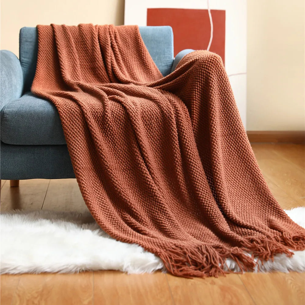 Rust Gift Nordic Knitted Blanket on the Bed Sofa Plaid Travel Nap Blankets Solid Color Soft Spring Summer Blanket with Tassels