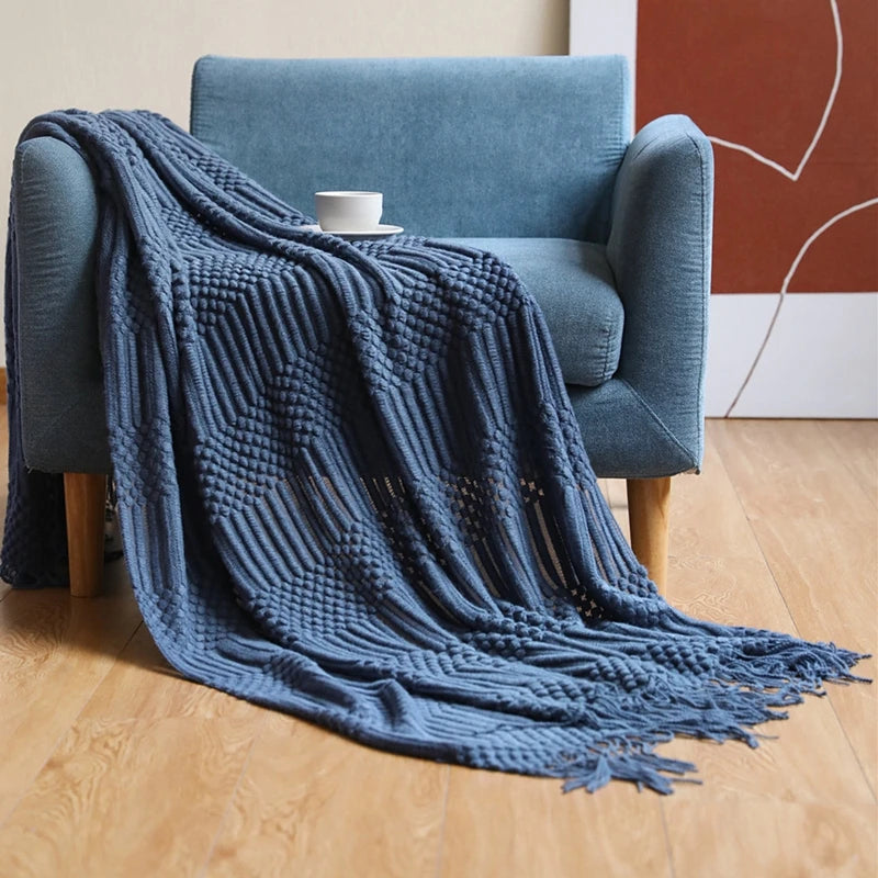 Rust Gift Nordic Knitted Blanket on the Bed Sofa Plaid Travel Nap Blankets Solid Color Soft Spring Summer Blanket with Tassels