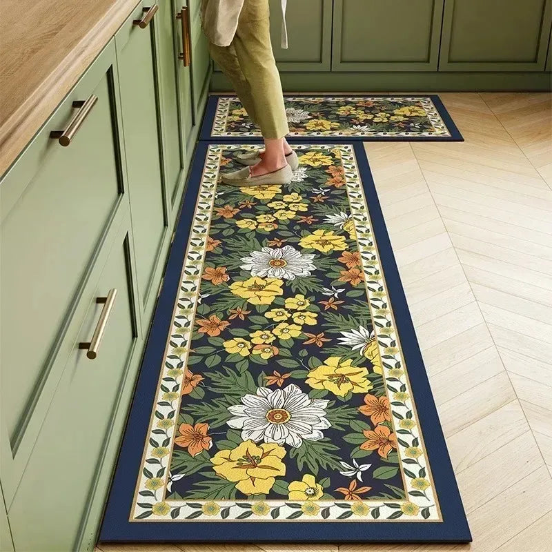 Kitchen Rug Pvc Waterproof Leather Carpet Green Flower Long Floor Mat Non-slip Oil-proof Minimalist Style Home Decoration Rugs