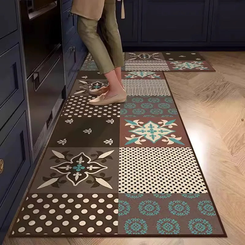 Kitchen Rug Pvc Waterproof Leather Carpet American Retro Style Carpets Long Floor Mats Non-slip Oil-proof Home Decoration Rugs