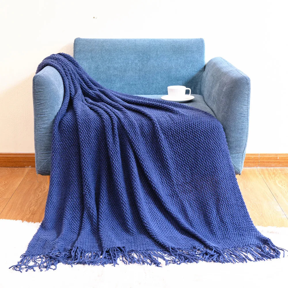 Rust Gift Nordic Knitted Blanket on the Bed Sofa Plaid Travel Nap Blankets Solid Color Soft Spring Summer Blanket with Tassels