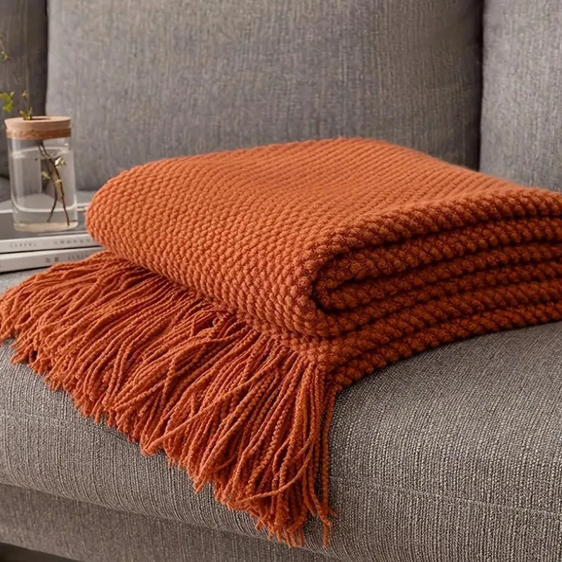 Rust Gift Nordic Knitted Blanket on the Bed Sofa Plaid Travel Nap Blankets Solid Color Soft Spring Summer Blanket with Tassels