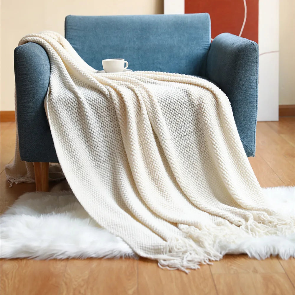 Rust Gift Nordic Knitted Blanket on the Bed Sofa Plaid Travel Nap Blankets Solid Color Soft Spring Summer Blanket with Tassels