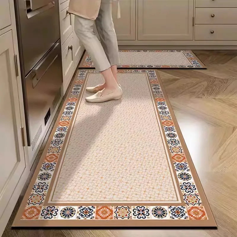 Kitchen Rug Pvc Waterproof Leather Carpet American Retro Style Carpets Long Floor Mats Non-slip Oil-proof Home Decoration Rugs