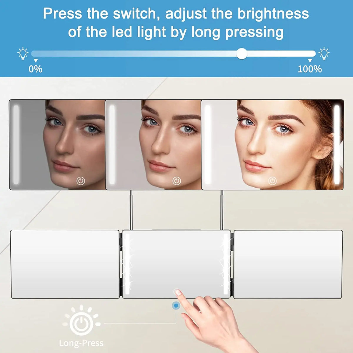 3-Way Mirror with LED 360 Trifold Hair Cut Mirror with Lighting Self Hairdressing Mirror For Hair Suitable For Haircut Styling