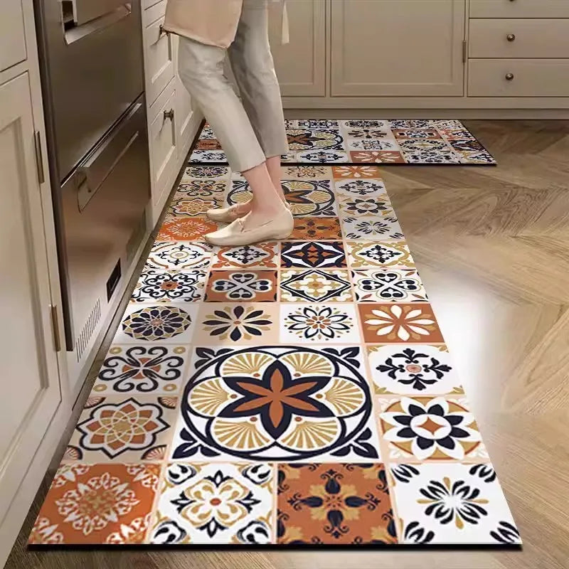Kitchen Rug Pvc Waterproof Leather Carpet American Retro Style Carpets Long Floor Mats Non-slip Oil-proof Home Decoration Rugs