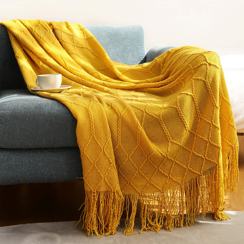 Rust Gift Nordic Knitted Blanket on the Bed Sofa Plaid Travel Nap Blankets Solid Color Soft Spring Summer Blanket with Tassels
