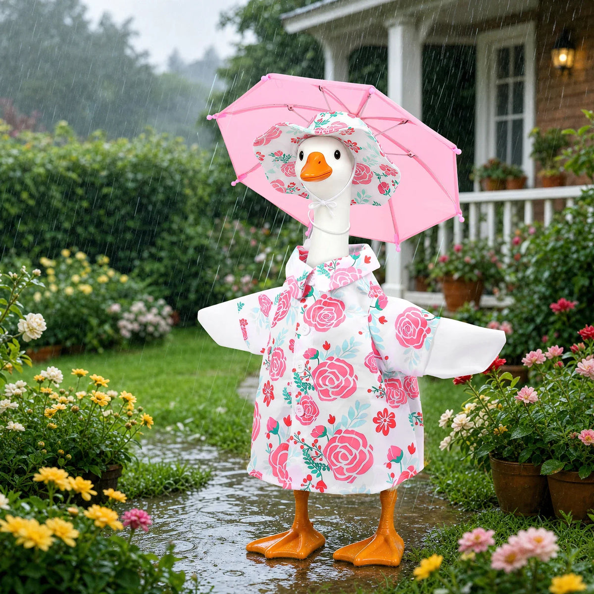 Raincoat Porch Goose Outfit Umbrella Hat Set Waterproof Summer Lawn Goose Clothes Outdoor Garden Decor Statue Dress Up